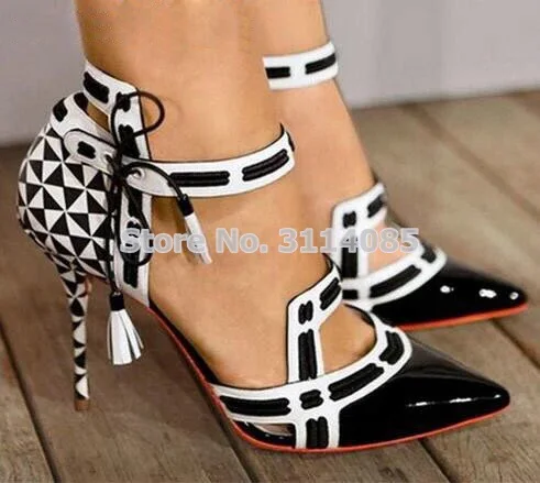 

Women White/Black Patent Leather Chess Color Block Patchwork Pump Stiletto Heels Cut-out Fringe Lace Up Dress Pumps Dropship