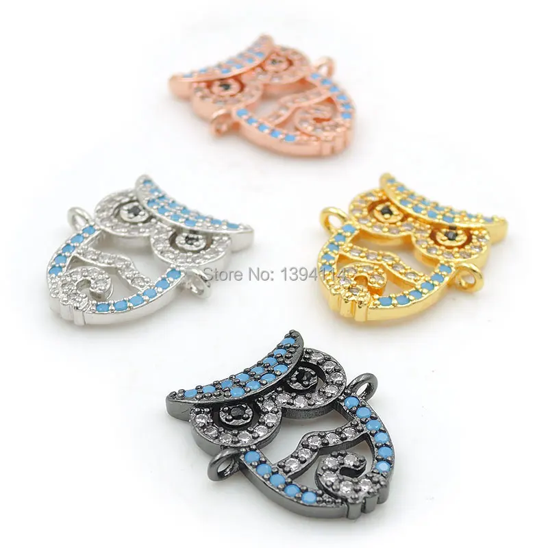 

16*12*3mm Micro Pave Clear&Kallaite&Black CZ Owl Connector Fit For Women As DIY Bracelets Accessory