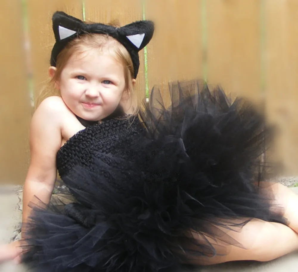 Vestido de tutú de ganchillo para niña, corsé de tul de 2 capas, Tutus de Ballet con lazo de gato, fiesta, personalizado, negro y blanco