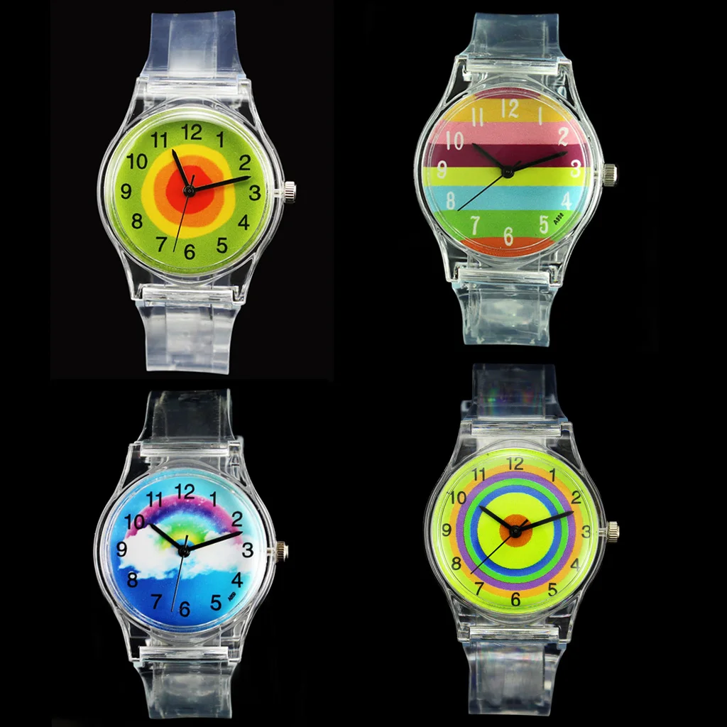 Rainbow Stripe White Clouds Multicolor Kids Circle Cartoon Transparent Student Sport Children Boy Girl Gift Wrist Watch