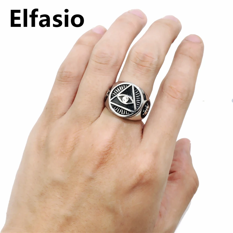 Mens Stainless Steel Ring Pendant Necklace Illuminati The All-seeing-eye illunati pyramid/eye symbol Biker Jewelry Sets