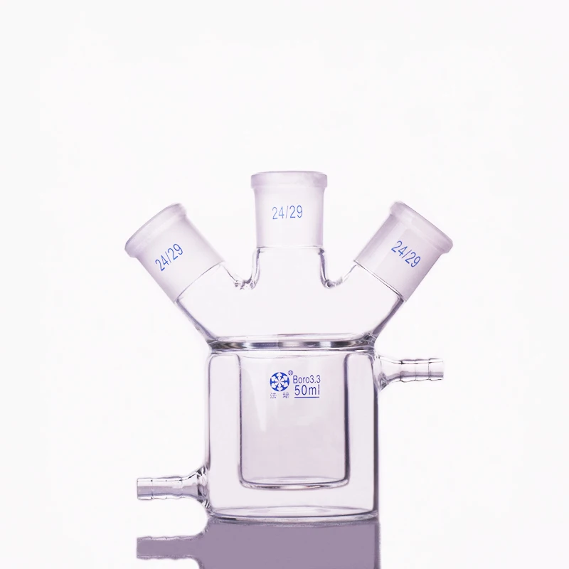 

Double-deck cylindrical three-necked bottom flask,Capacity 50ml,Joint 24/29,Mezzanine jacketed reactor bottle