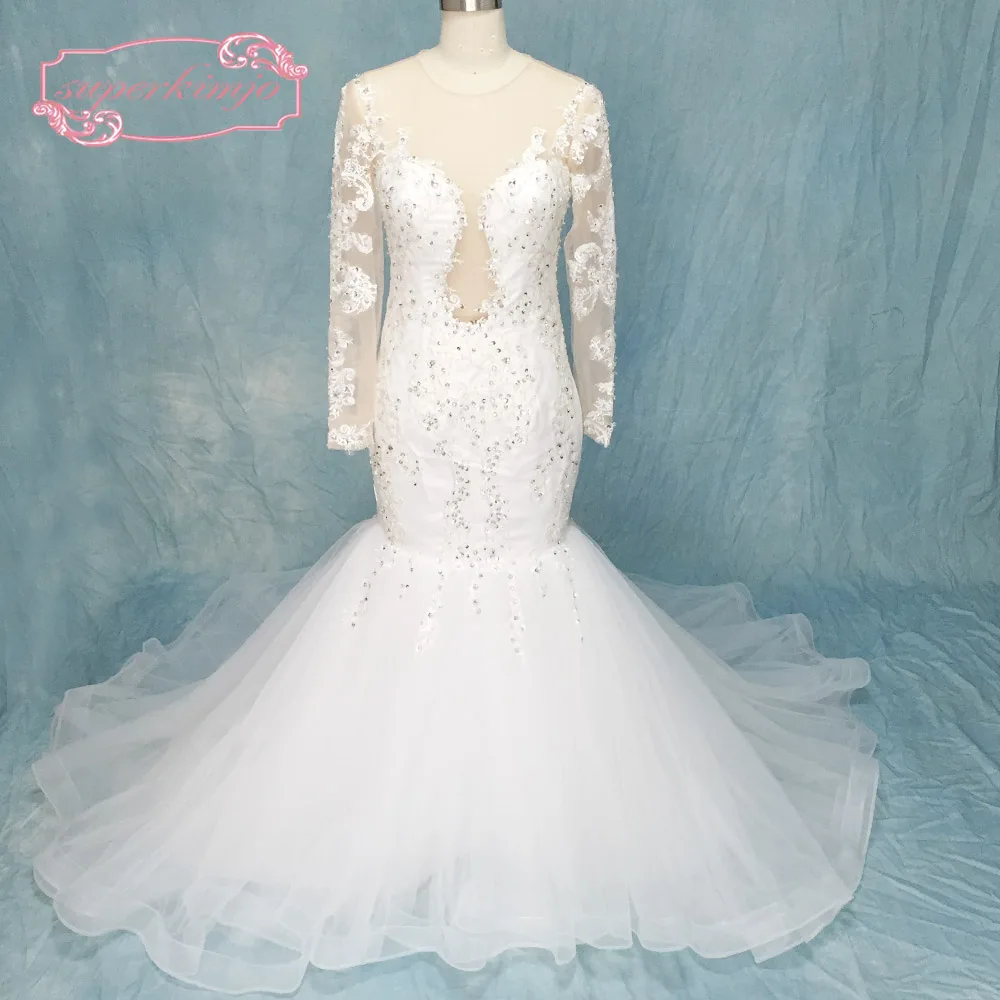 Real Picture Wedding Dresses Lace Appliques 2020 Long Sleeve Crystal Mermaid Court Train Bridal Dresses