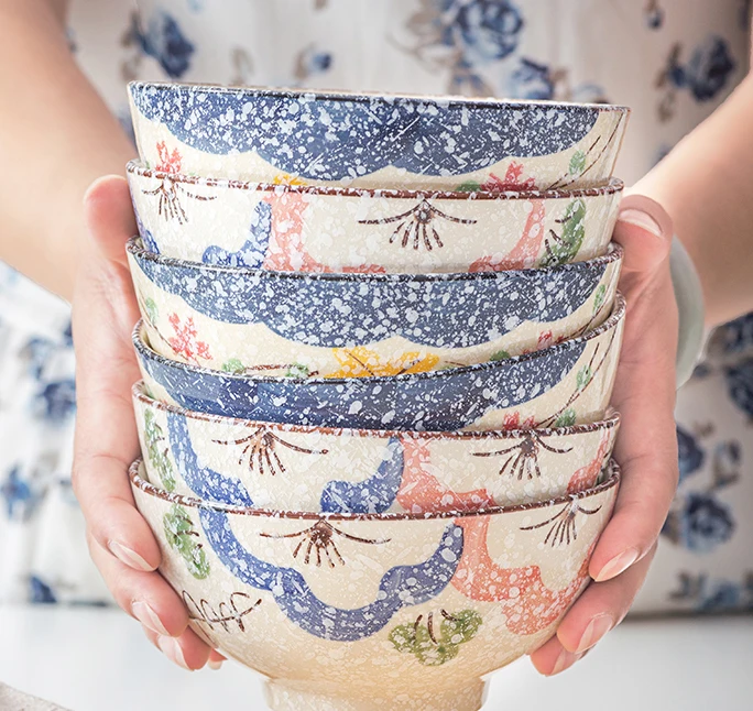 

EECAMAIL Japanese-style Ceramic Bowl Home Eating Hand-painted Snowflake Glaze Small Soup Bowl Rice Bowl Creative Cutlery Set