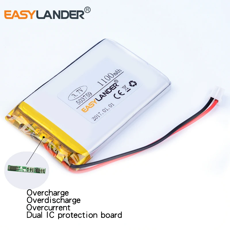 JST2.54 2P 503759   Akumulator litowo-jonowy 3,7 V 1100 mAh do zabawek DVR Nawigacja GPS 503760 503860