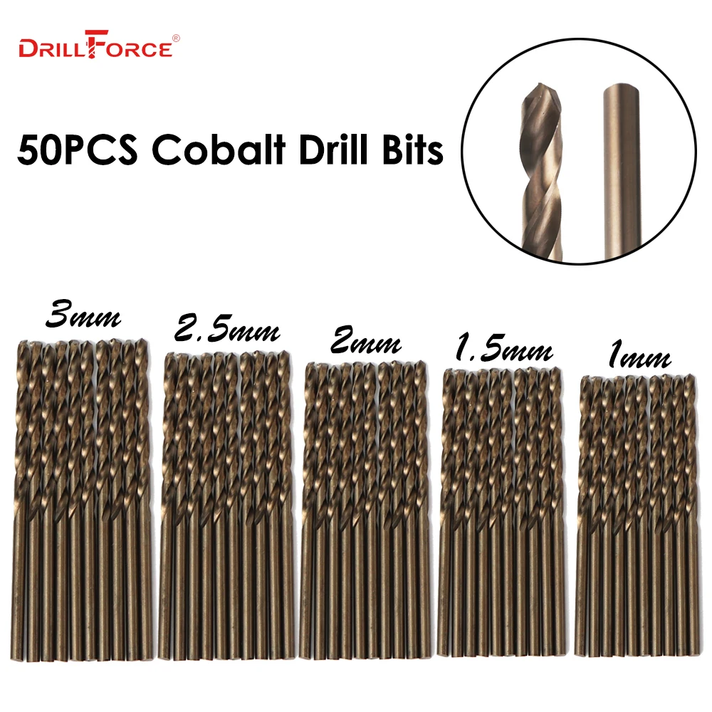 Набор кобальтовых сверл Drillforce M35, 50 шт., для сверления твердой стали, чугуна и нержавеющей стали, 1-3 мм