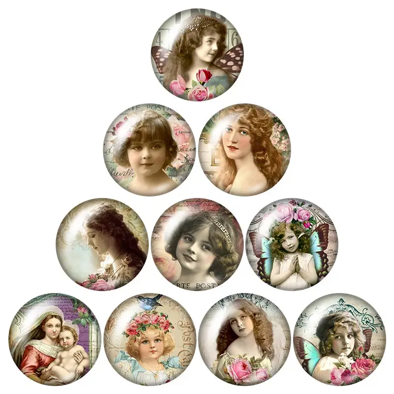 

Beauty Vintage Angle Baby Virgin Mary 10pcs 12mm/16mm/18mm/25mm Round photo glass cabochon demo flat back Making findings ZB0976
