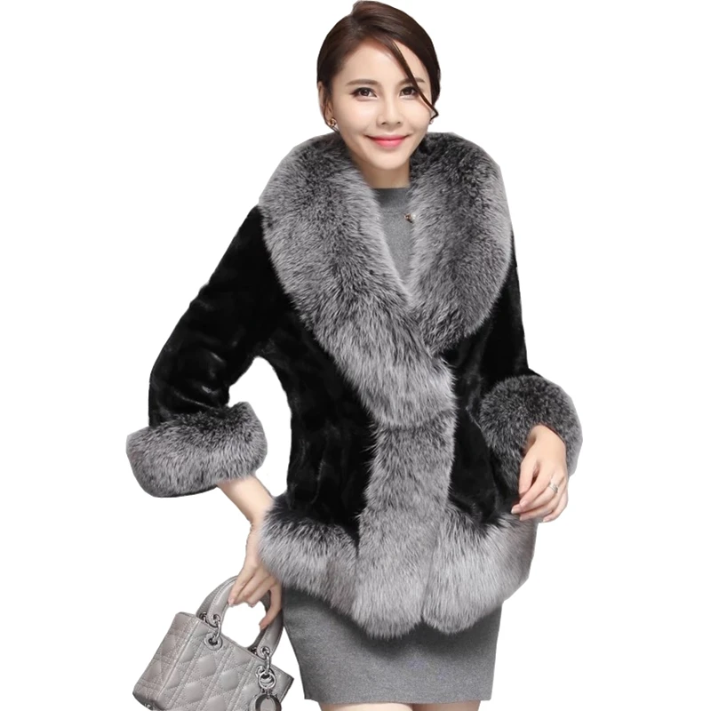 

Lady Real Piece Mink Fur Jacket Coat Fox Fur Collar Cuff Autumn Winter Women Fur Trench Outerwear Coats Plus Size VF4050