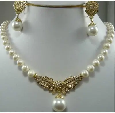 

Charmin 8-9mm White Akoya Pearl necklace & earring Set watch Quartz stone CZ crystal