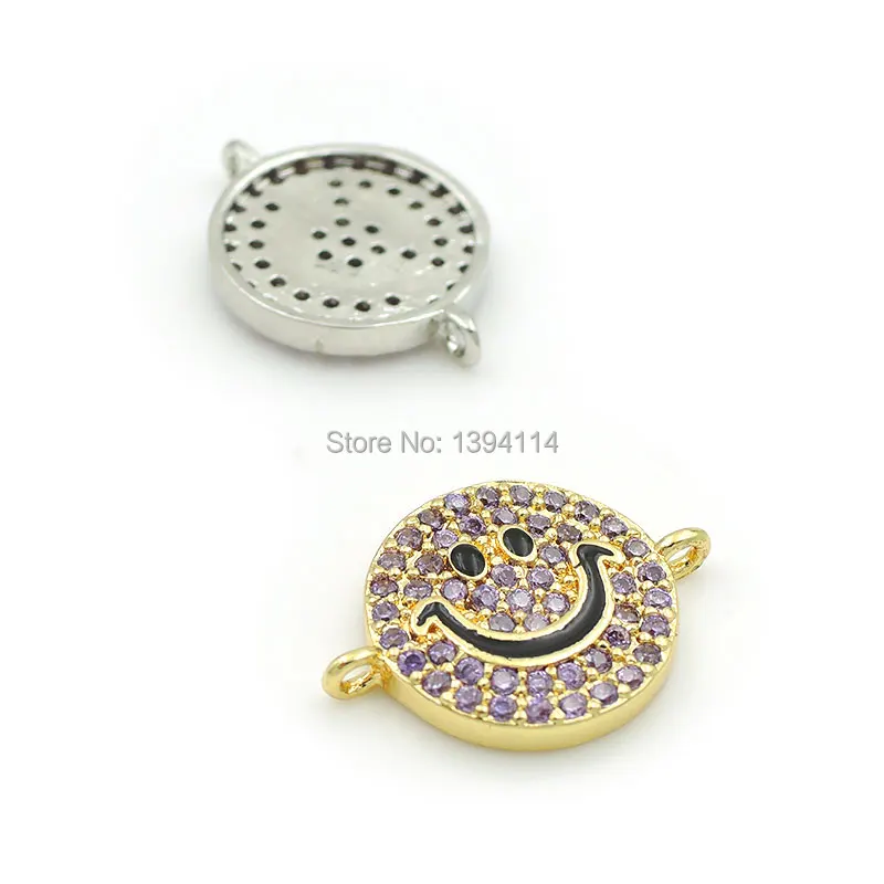 15*12*2mm Micro Pave Purple CZ Smile Face Round Connector With Enamelling Fit For Women As DIY Bracelets Accessory