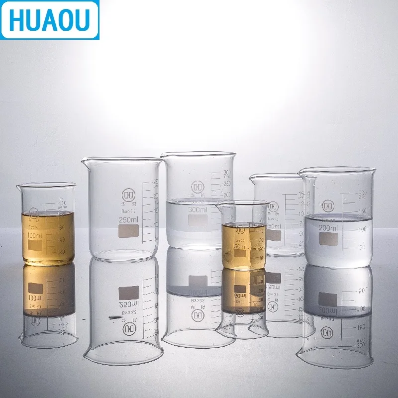 HUAOU-200mL 유리 비커 낮은 형태의 붕규산 3.3 유리, 졸업 및 주둥이 측정 컵 실험실 화학 장비