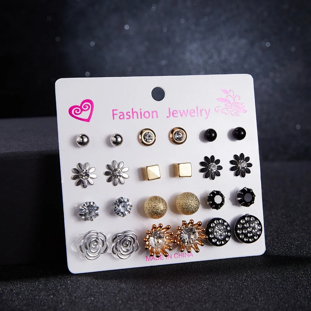Rinhoo 12 pair/set Zircon Round Ball Imitation Pearls Stud Earring Sets Flower Classic Women Metal Girl Gift Mix Jewelry Earring