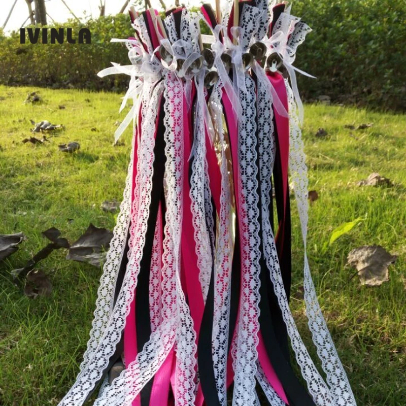 50pcs/lot black and fushia Wedding ribbon Wands  Witht Bell  For Wedding Decoration