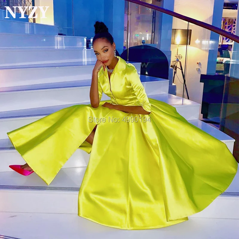 

NYZY C126 Vintage Satin Half Sleeves Yellow Robe Cocktail Dress Party Graduation Evening vestido coctel 2019