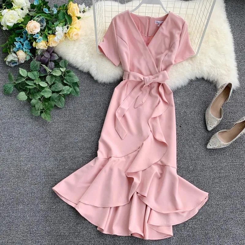 

2019 Summer Women Sexy V Neck Ruffles Asymmetrical Mermaid Dress Female Egelgant High Waist Short Sleeve Sashes Vestido