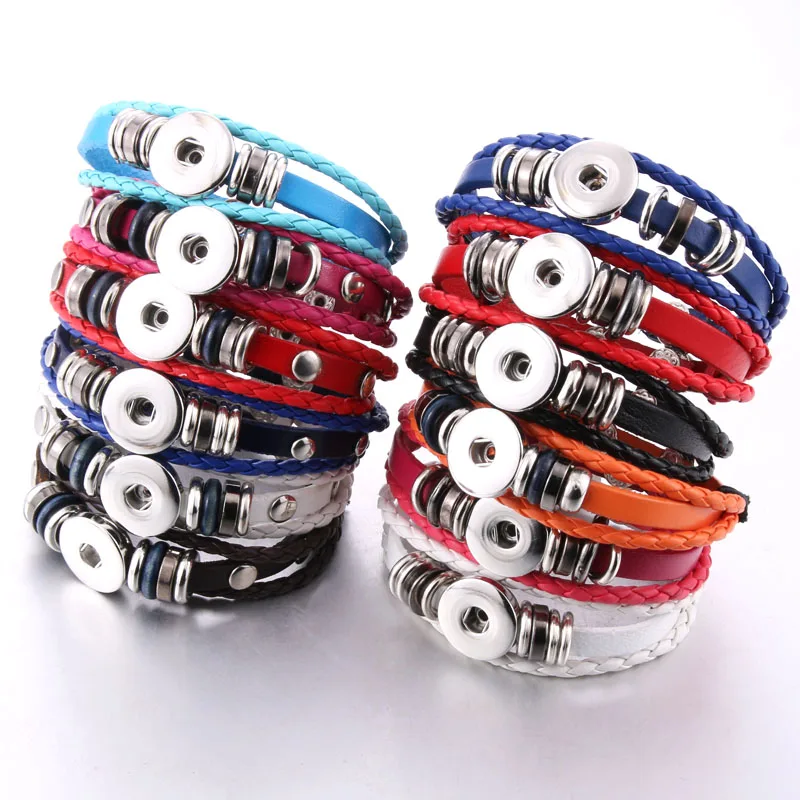 Hot Sale Snap Button Bracelet Bangle Snap Leather Bracelet Retro Handmade Braided Leather Bracelet fit 18MM Snap buttons jewelry