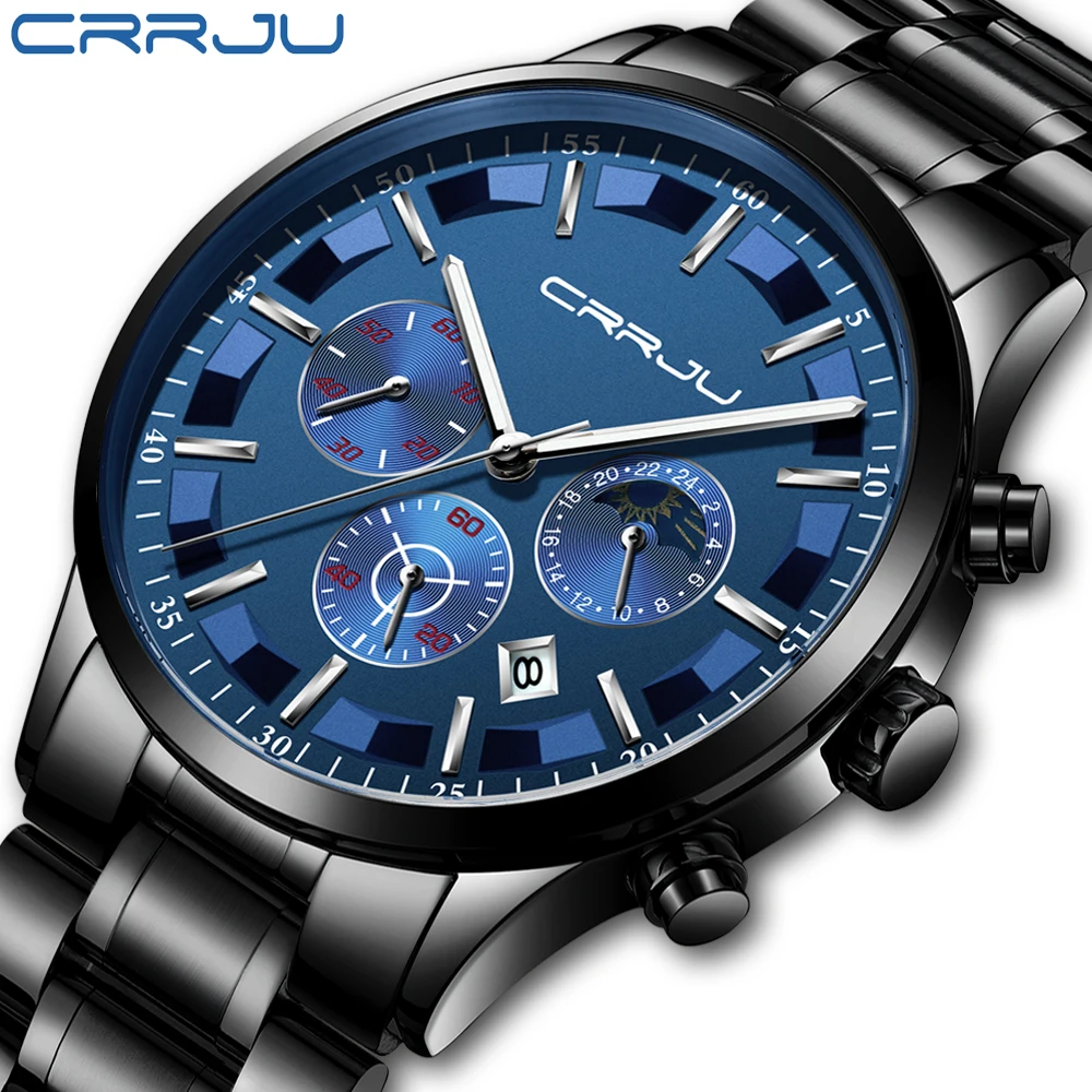 

CRRJU Men's Watch Luxury Date Calendar Chronogra Watch For Men Military Waterproof Sports Black Stainless Steel Wrist Watches