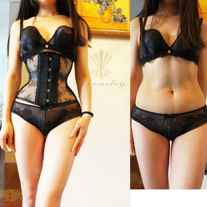 Annzley Corset Slimming Before And After Black Mesh Steel Boned Underbust Corset For Weight Loss