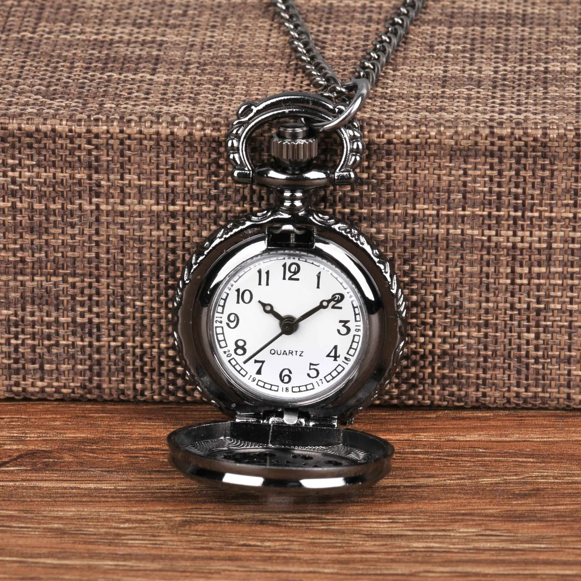 Reloj de bolsillo pequeño con Collar, pulsera de mano con diseño de telaraña negra, estilo retro vintage clásico, 6009