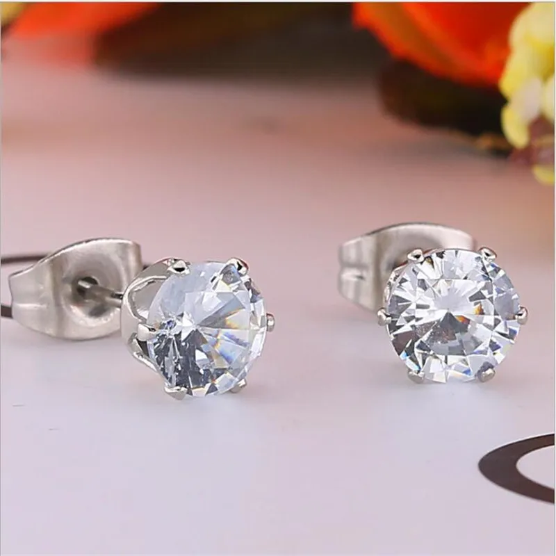 316 L Stainless Steel With AAA Clean Round Zircon Stud Earrings Size From 2mm to 8mm Titanium Jewelry