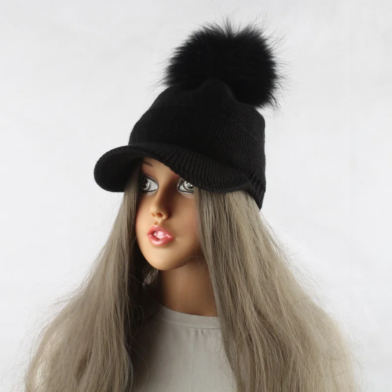 New Winter Fur Pompom Hat For Women Autumn Cotton Knitted Baseball Cap With Pompon Brand Visor Caps Ladies Skullies Beanies