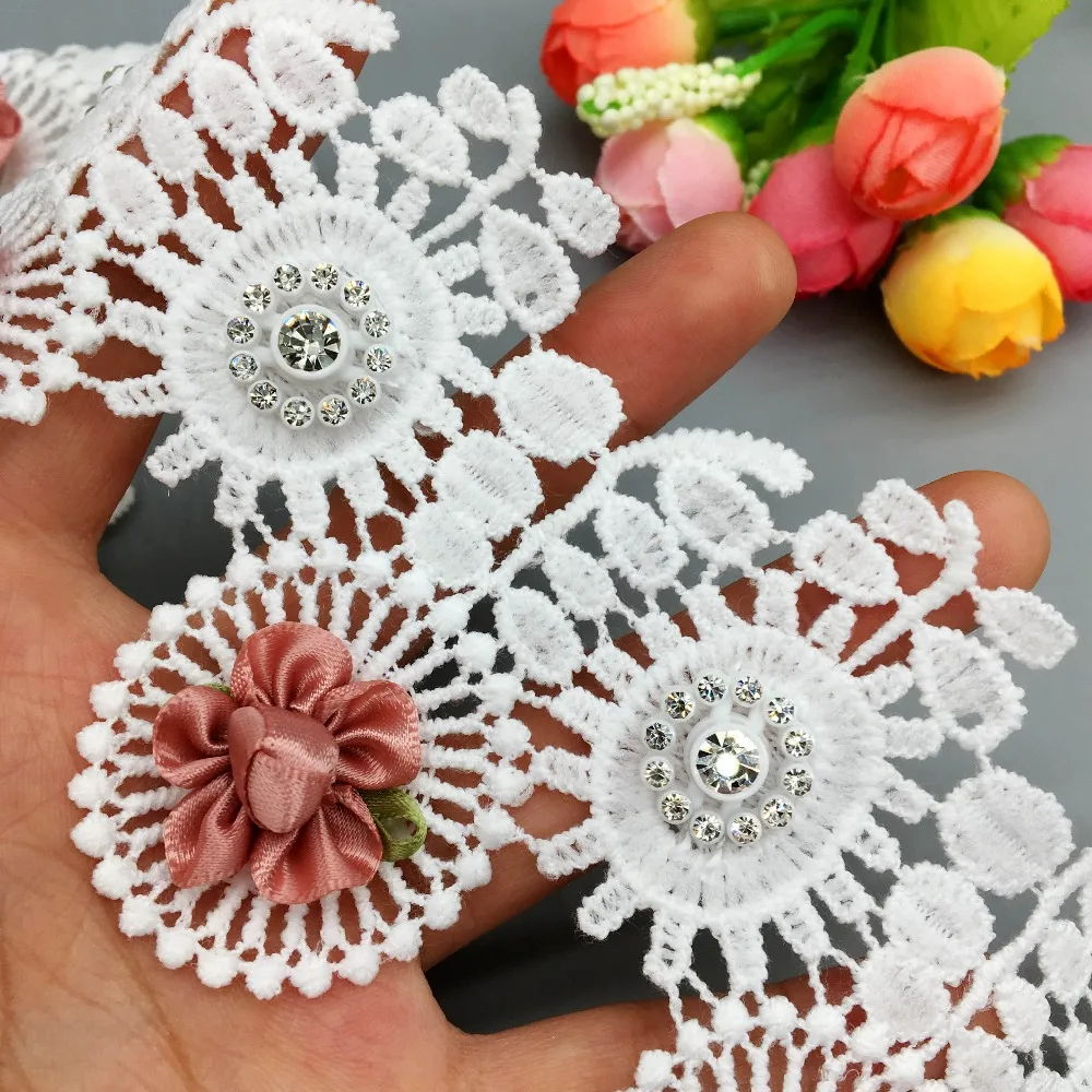 10Pcs White Cotton Pearl 3D Diamond Flower Embroidered Lace Trim Ribbon Fabric Sewing Supplies Craft Handmade DIY Materials 6CM