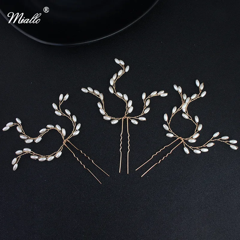 Miallo 3pcs/lot Women Wedding Hairpins Handmade Tiaras Hair Jewelry Rice Grain Shape Hair sticks Head Accessories Hairpieces