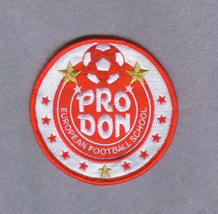 Custom 100% Embroidered EUROPEAN FOOTBALL SCHOOL Merrow Edge Patch Iron-on Backing