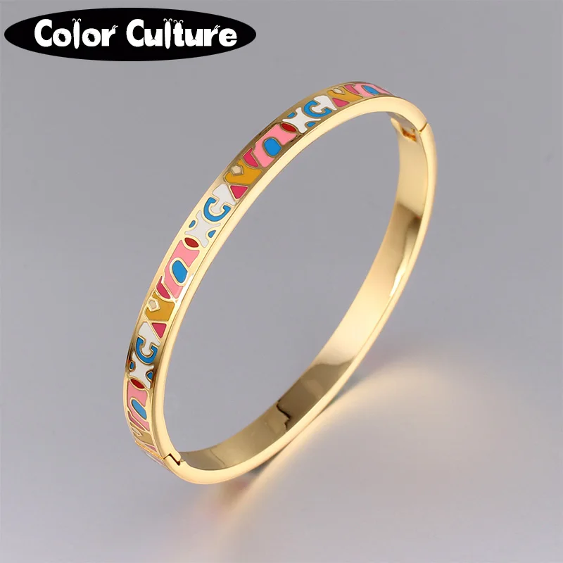 Color Culture Femme Titanium Stainless Steel Open Bangles Ethnic Colorful Enamel Costume Jewelery