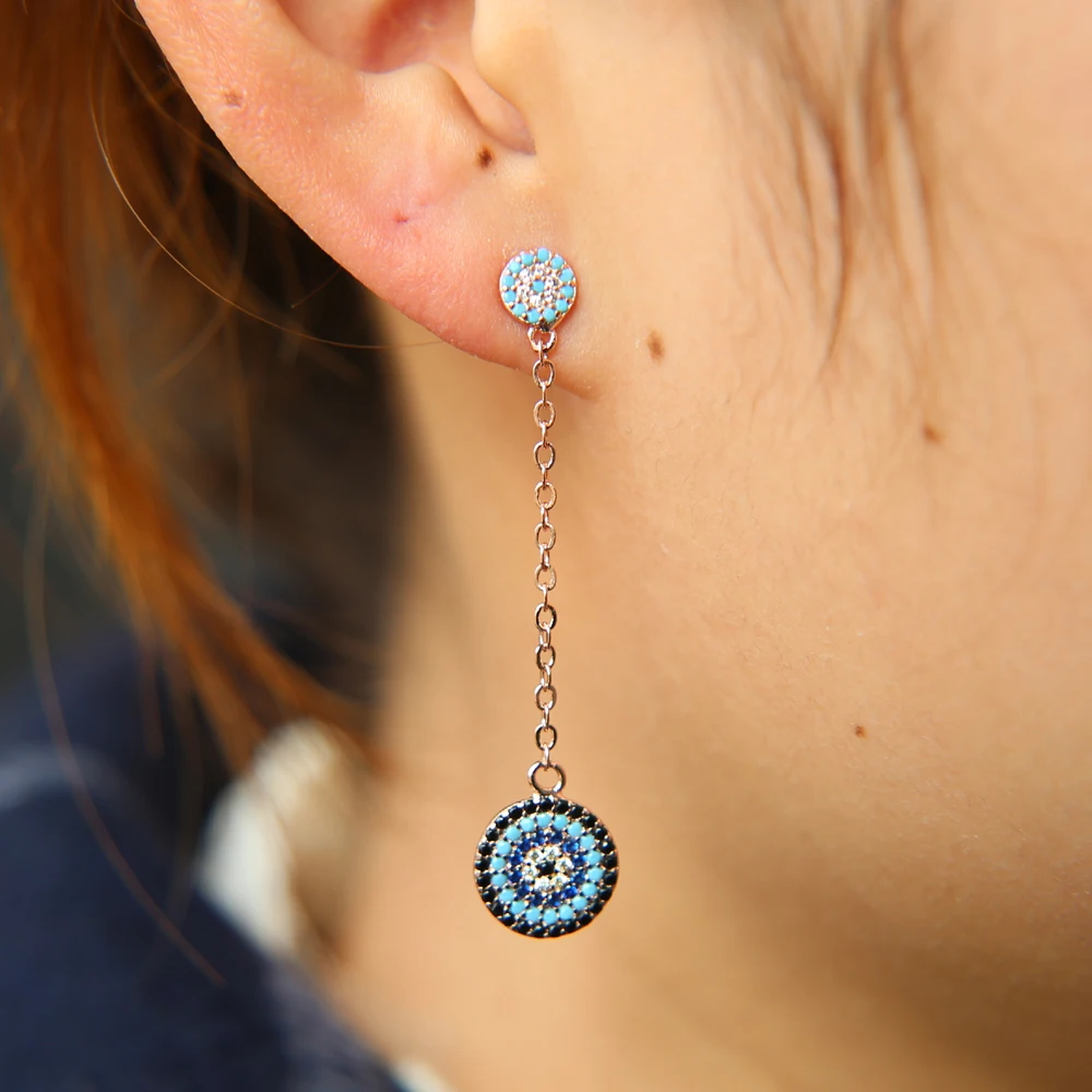 New round charm ZIRCONIA cz turquoises Crystal Dangle Earrings Long Chain Earrings For Women Girls