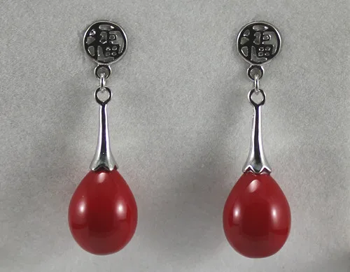 hot sell new - wholesale Chinese 12*16mm red waterdrop shell pearl silver plated fu lucky stud earrings fashion jewelry