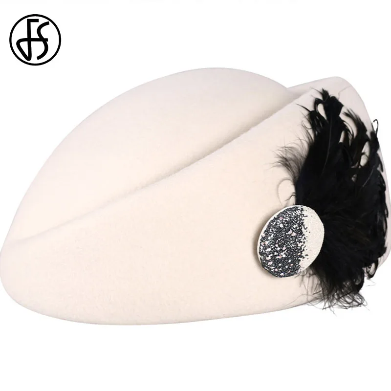 FS French Wool White Black Beret Hats For Women Fashion Winter Felt Caps Feather Berets Femme Stewardess Church Hat Fedoras