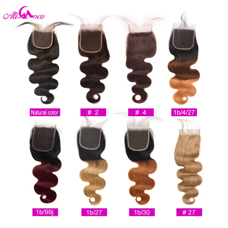 Brazilian Body Wave 4x4 Omber Lace Closure Natural Color/ #2/ #4/ 1/4/27 /1/30 100% Remy Human Hair Closure "8-20"  Ali Coco