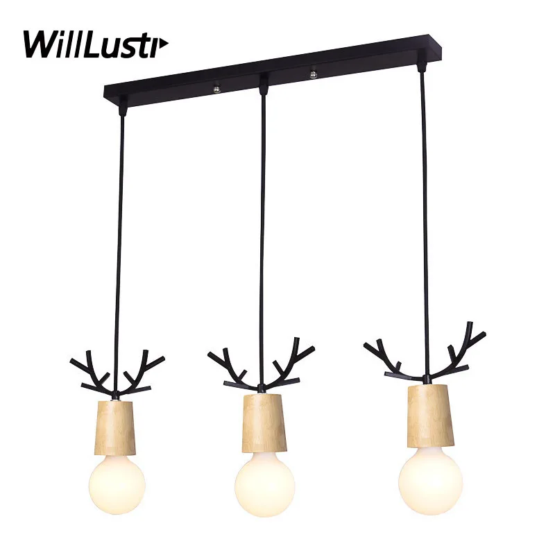 Art Deco Antler Wood LED Pendant Lamp Cafe Bar Restaurant Lounge Bakery Kitchen Canteen Iron Deer Head Suspension Hanging Light