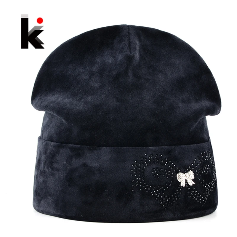 

Winter Beanies Bonnet Hat For Women Rhinestone Butterfly Velvet Caps Ladies Skies Thick Fluff Skullies Hats Femal Touca inverno