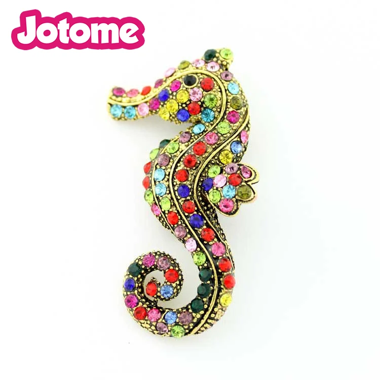 

100pcs/lot Crystal Rainbow Multi Rhinestone Seahorse Brooch