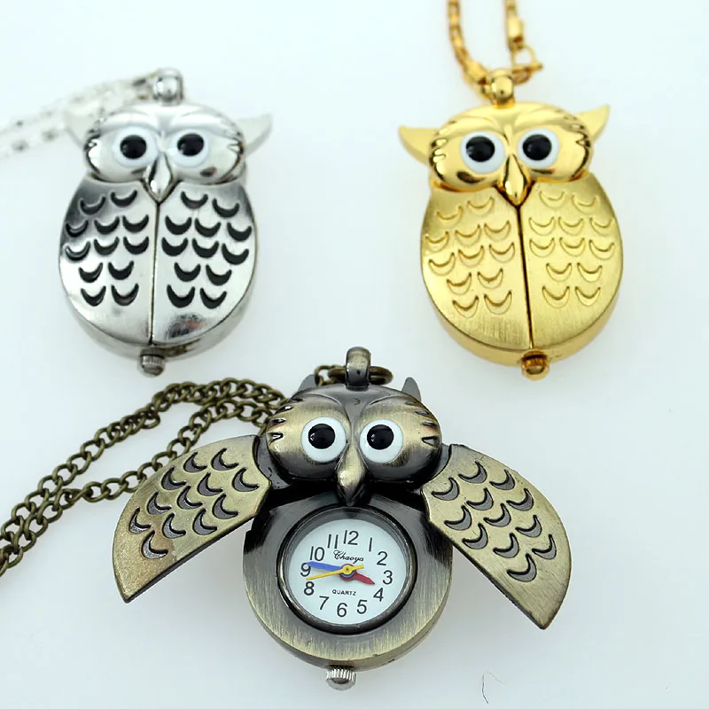 Bulk Wholesale 10pcs/Lot Owl Necklace Pendant Pocket Quartz Watches Chain Watch Battery Included Gift GL03ET Party Gift