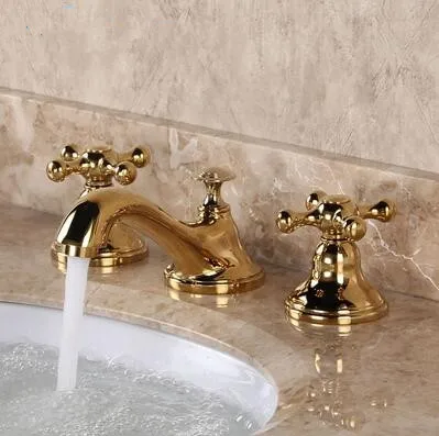 fashion luxury high quality brass material gold plating cross handle widespread 8' three hole basin faucet sink faucet