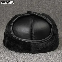 SILOQIN Men's Genuine Leather Hat Winter Warm Bomber Hats Earmuffs Plus Velvet Thick Sheepskin Hooded Ski Cap For Men Dad's Caps