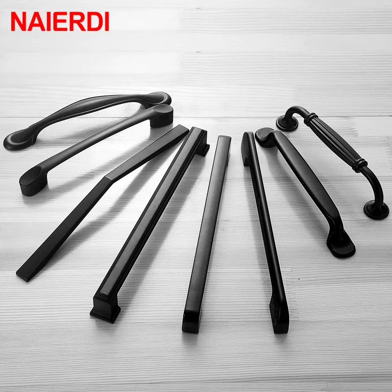 NAIERDI-tiradores de armario de estilo americano, pomos de aleación de aluminio sólido, tiradores de cajón, herrajes para muebles, color negro