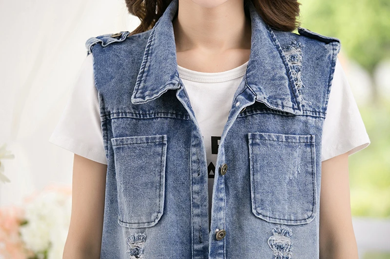 Mode Gat Boyfriend Denim Vest Vrouwen Nieuwe Lente Casual Pocket Lange Mouwloze Jeans Jas Vrouwelijke Zomer Losse Vest