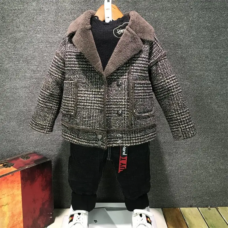 Baby Furry Jacket Winter Overcoat 2023 Fall New Boys Plaid Woolen Coat Children's Casual Velvet Thicked Outerwear Clothes X478