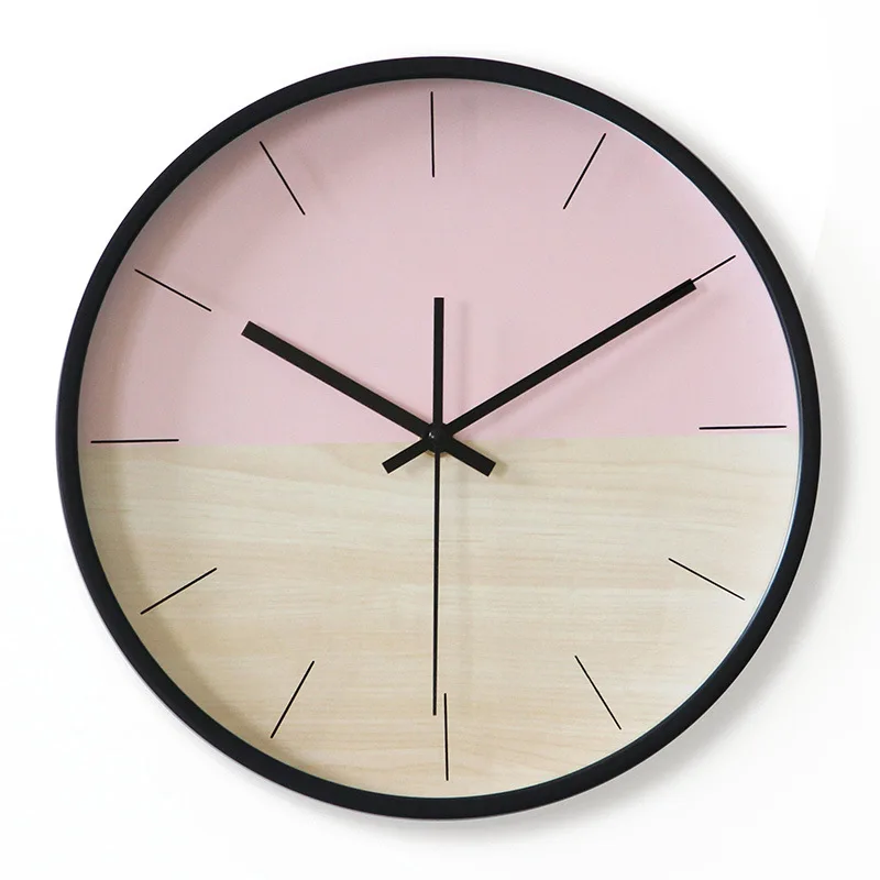 

12-inch Creative Simple Clock Pink Round Wall Clock Modern Design Kitchen Bedroom Study Mute Decorative Quartz Clock