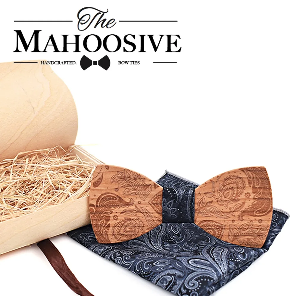 Mahoosive Paisley Wood bow tie for men gift Wedding bowtie Necktie Handkerchief Set Pocket Square Marry Butterfly