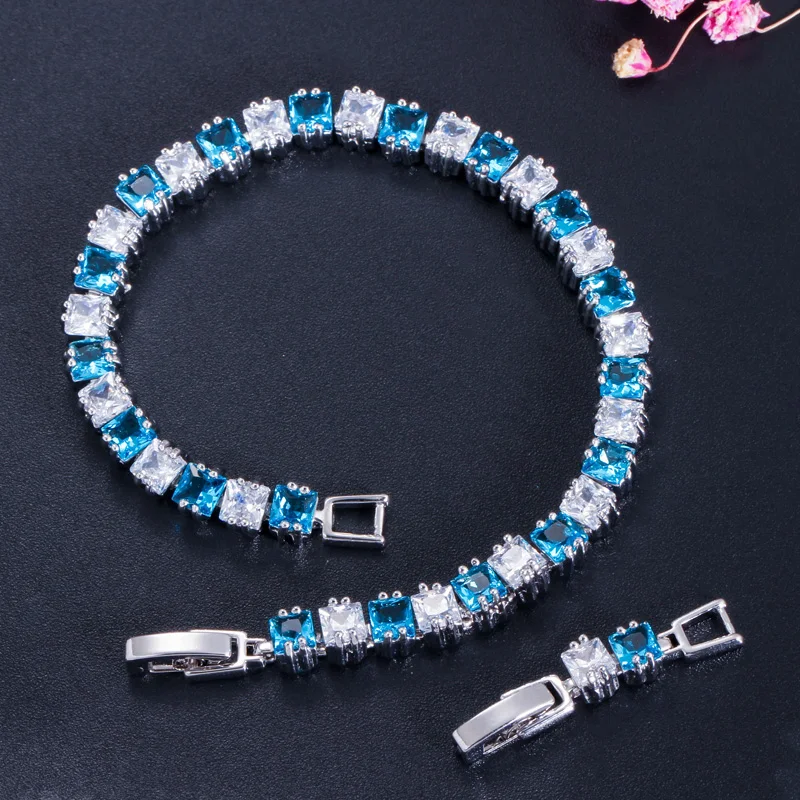 Pera Fashion Ladies Big Square Baguette Shape Cubic Zirconia Silver Color Light Blue Charm Bracelet for Women Party Jewelry B046