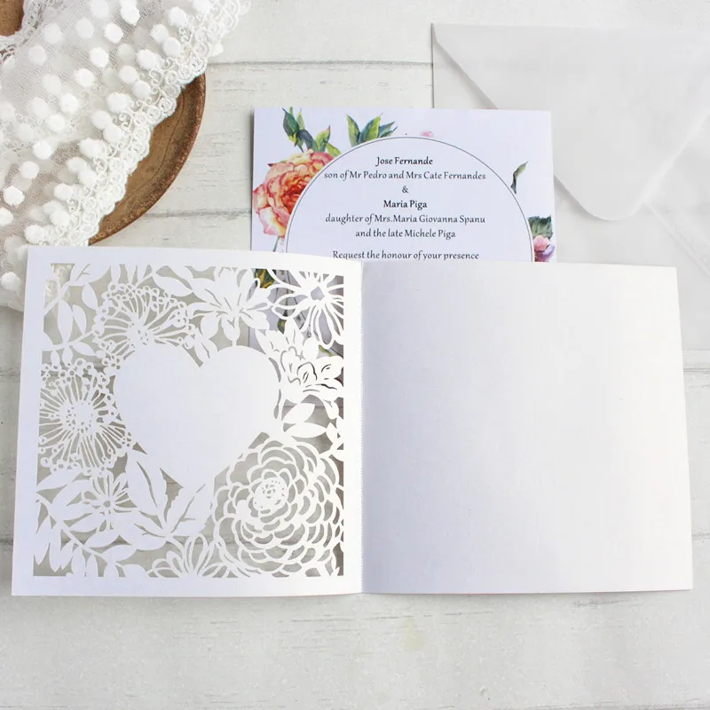 

Country flower invitations for wedding heart laser cutting customized printing with transparent envelop manufacturer supply