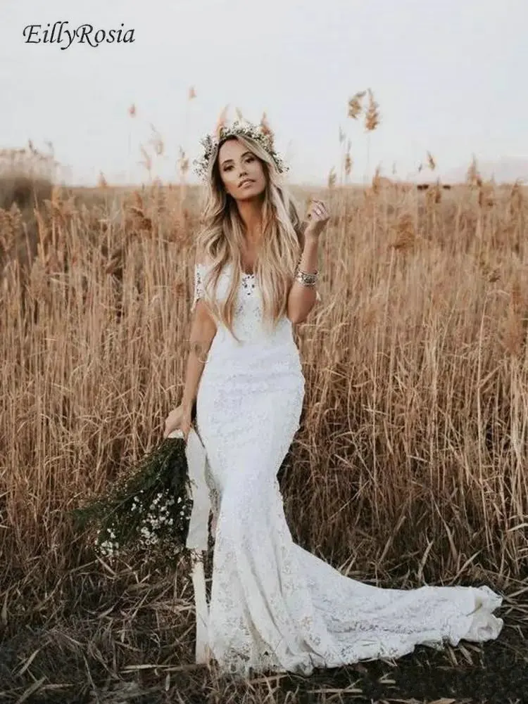 Country Style Boho Wedding Dress Mermaid Off the Shoulder Short Sleeve Lace Bridal Gowns Outdoor vestido de noiva boho hochzeit image 4
