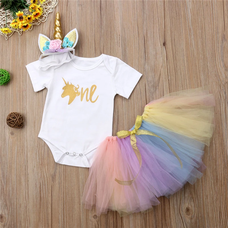 Newborn Baby Girl 1st Birthday Unicorn Party Clothes Costume Toddler Kids Girls Lace Romper Bodysuit Tutu Skirts Dress Clothes