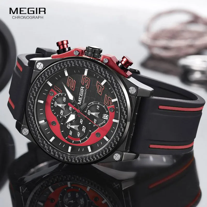 Megir Men\'s Chronograph Quartz Watches for Male Waterproof Luminous Wristwatch with Rubber Strap for Boys Man 2051G-1N8