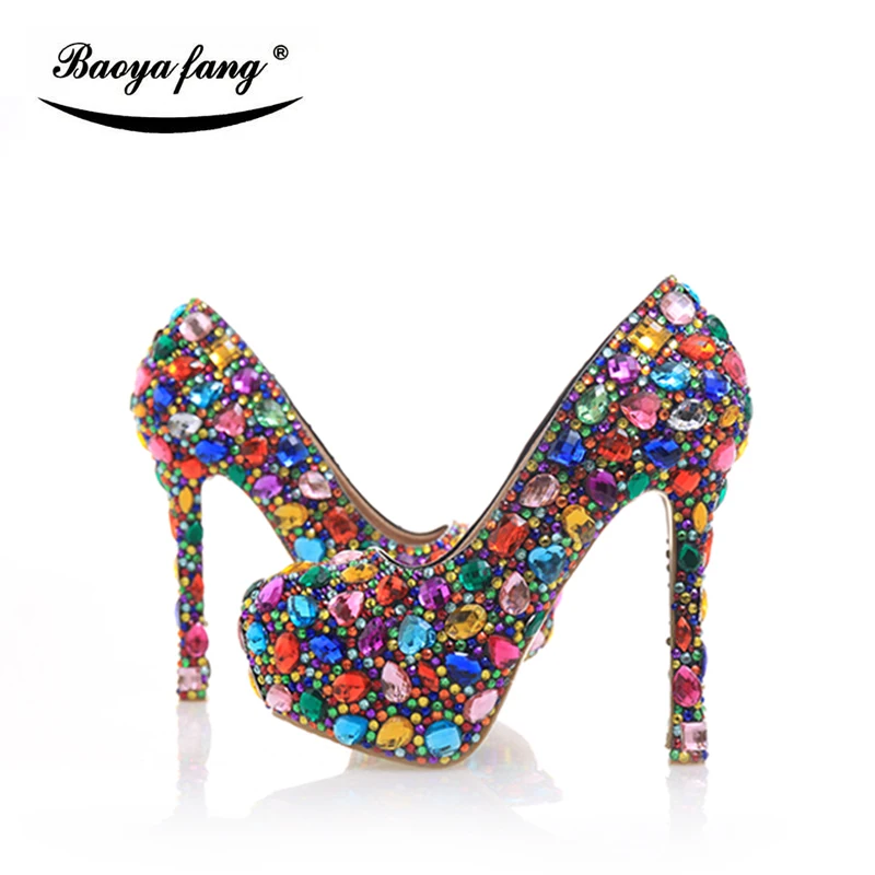 New Multicolor crystal womens wedding shoes real leather Bride High heels party dress Pumps High shoes Fashion Platform shoes